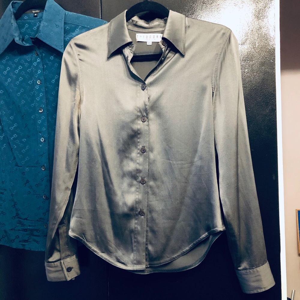 Theodore Silk Blouse Button Up- charcoal grey